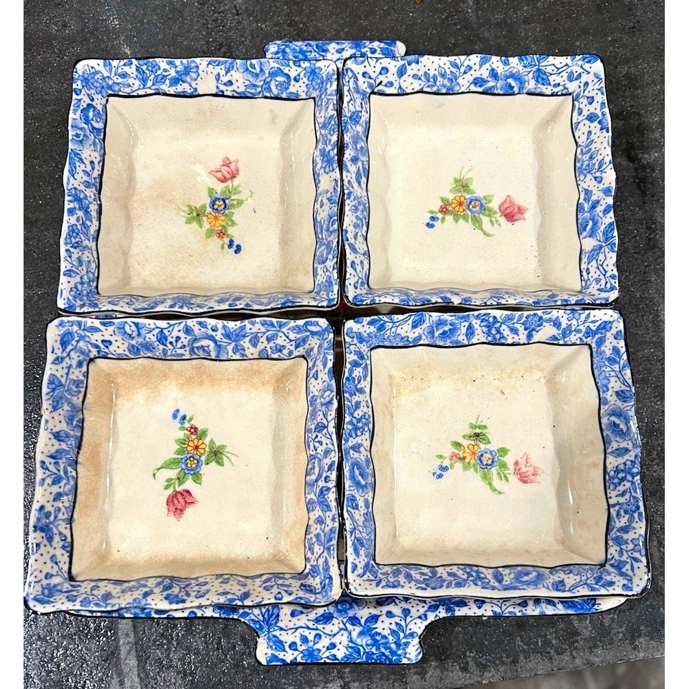 Vintage KI Japan Ceramic Blue White Floral 4-Compartment Platter with 4 Dishes